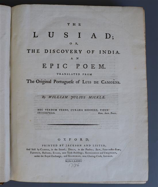 Cameons, Luis de - The Lusiad; or, the Discovery of India, translated by William Julius Mickle, folio, calf, Jackson and
